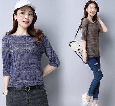 【夏季短款鏤空薄款針織衫女套頭大碼寬松空調(diào)衫中袖T恤上衣蝙蝠衫】價格_廠家_圖片 -