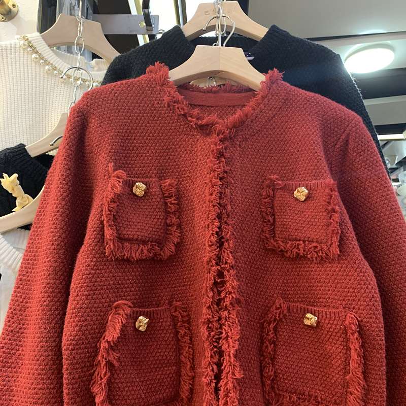 2023氣質(zhì)名媛法式小香風(fēng)口袋流蘇圓領(lǐng)針織小衫，撞色復(fù)古紐扣外套女裝